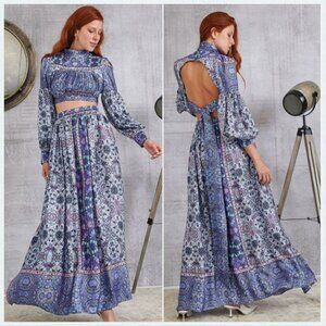Lace the Label Purple Garden Top + Maxi Skirt set satin Luxury Resort Paisley XS